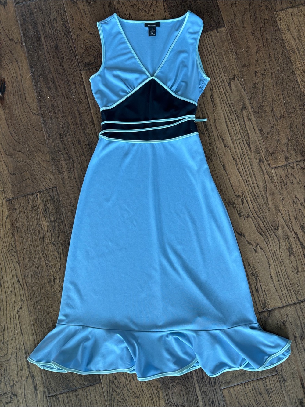 Blue V-Neck A-Line Dress with Black Waist Panel